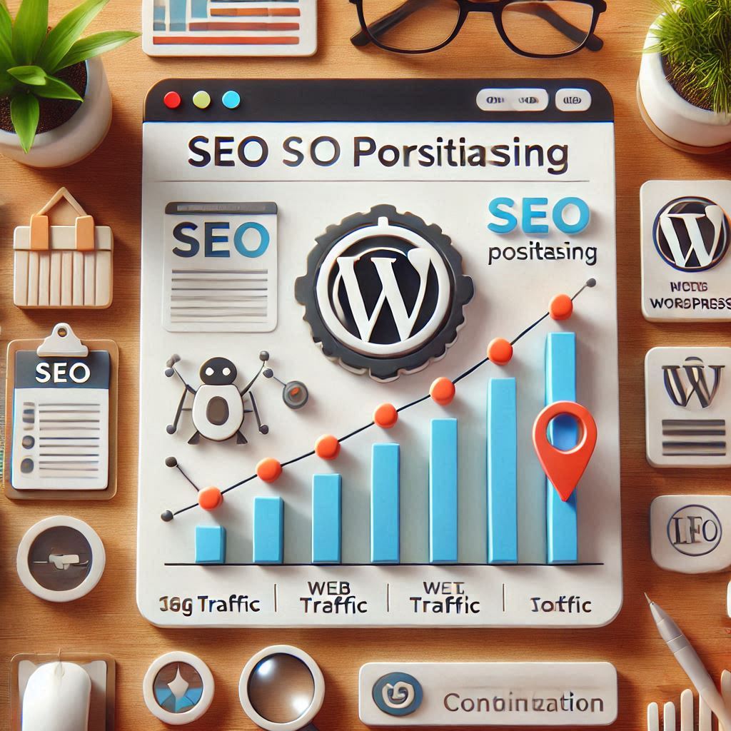 Imagen mostrando un grafico de mejora en el posicionamiento SEO en WordPress con indicadores de crecimiento en trafico web y optimizacion de contenido