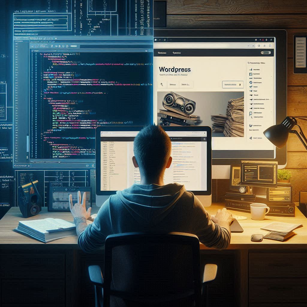 desarrollador trabajando en dos pantallas